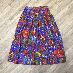 Vintage Avon Fashions Purple Tropical Fish Floral Batik Midi Skirt Sz 11/12 USA